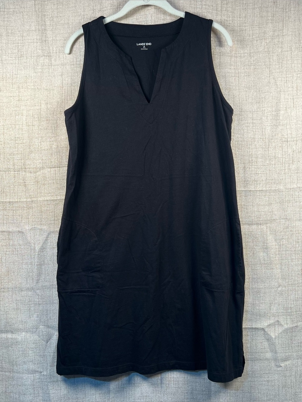 Lands End Dress Black Sleeveless Basic 100% Cotton Pockets V Neck Women's Medium